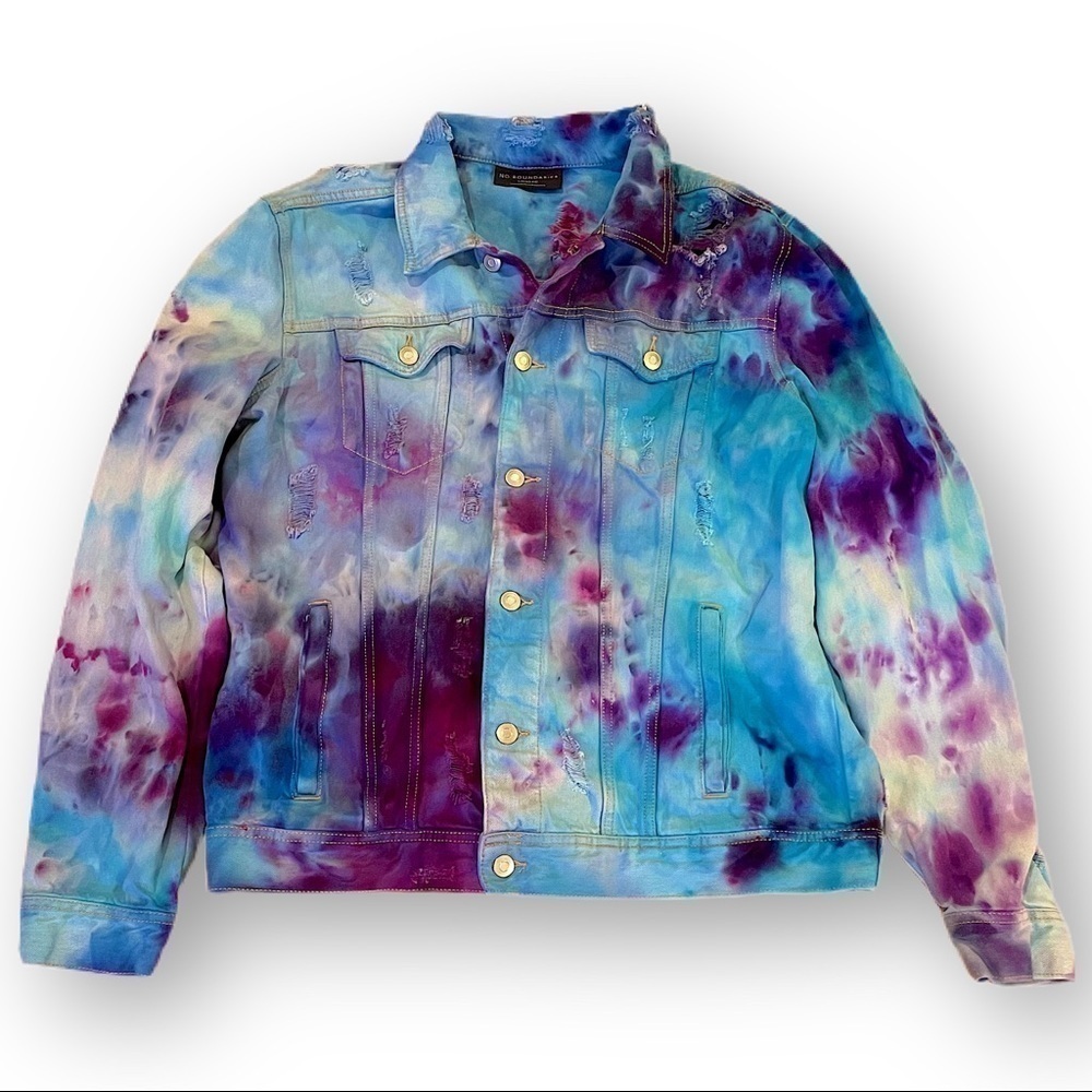 Tie dyed jean jacket distressed blue purple galaxy underwater size L